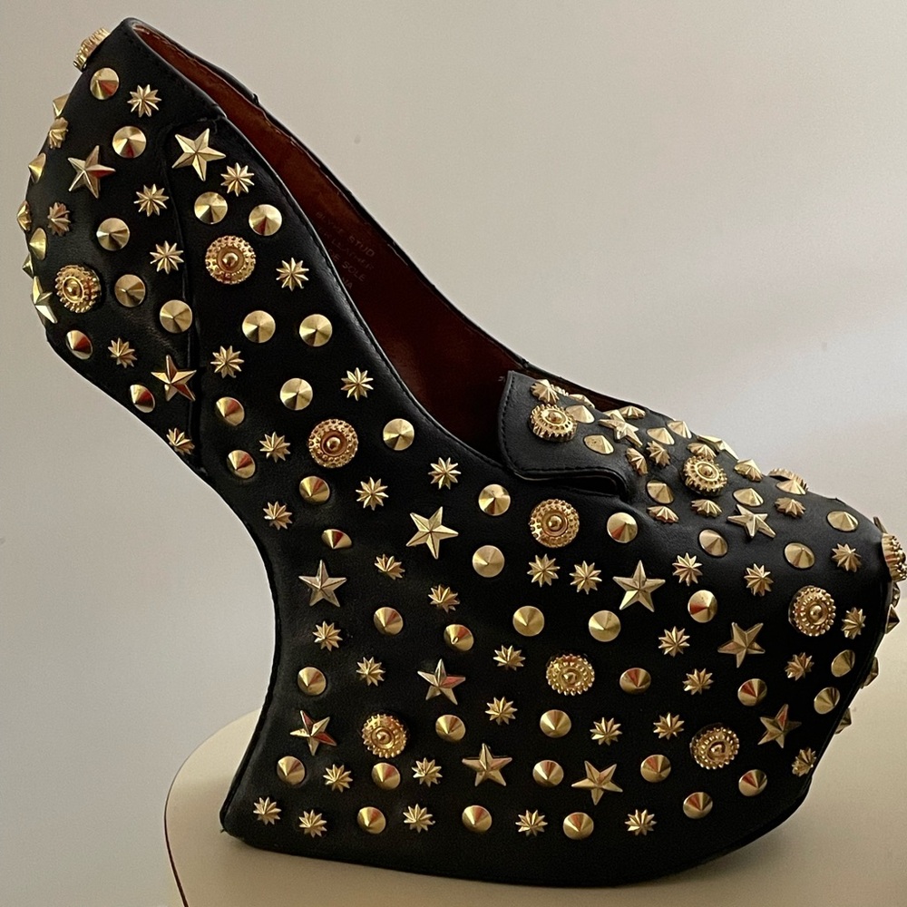 Jeffrey Campbell Black Leather Studded Platform Loafers with Gold Embellishments - Picture 4 of 6